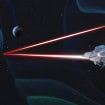 Ilustração artística da missão LISA, com uma espaçonave enviando feixes de laser entre os satélites para detectar ondas gravitacionais