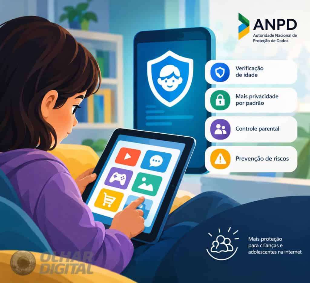 Ilustração de criança em um tablet e, ao lado, alguns pontos importantes sobre o guia