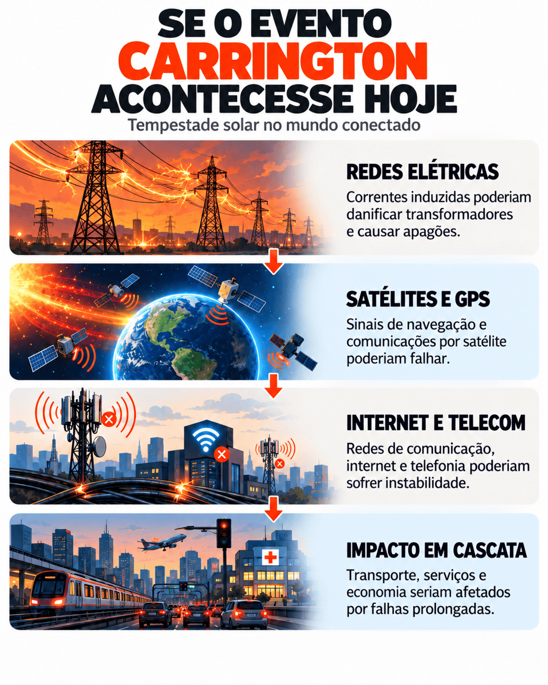 Uma tempestade solar extrema poderia atingir energia, satélites, internet e transportes, expondo a fragilidade tecnológica do mundo conectado.