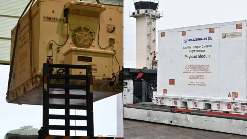 Montagem com fotos tiradas pelo Inpe de contêiner e caixa onde satélite Amazônia 1B será transportado