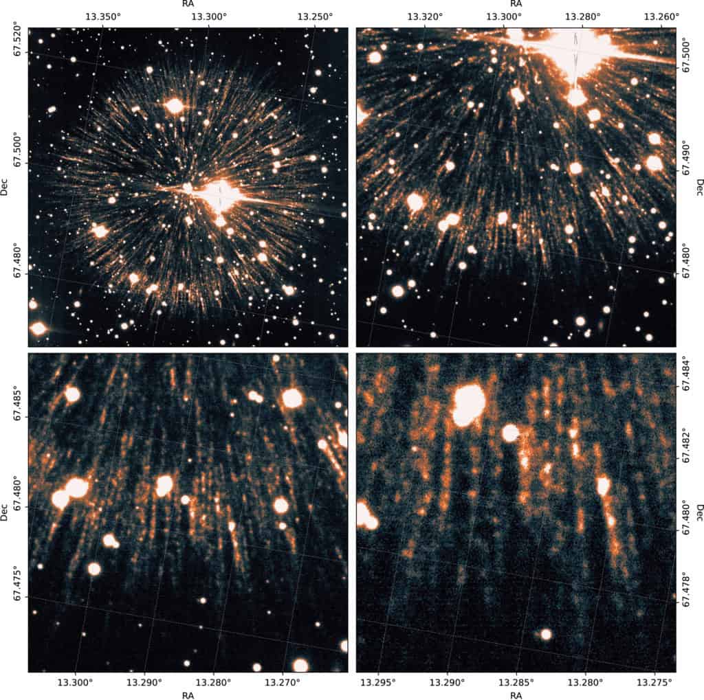 Quatro painéis mostram filamentos de gás do remanescente da supernova Pa 30 em diferentes níveis de ampliação, com aglomerados brilhantes distribuídos ao longo das estruturas radiais.