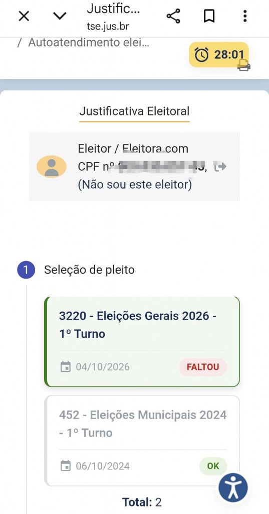 Tela do sistema de Justificativa Eleitoral do TSE registra “FALTOU” para o primeiro turno de 2026