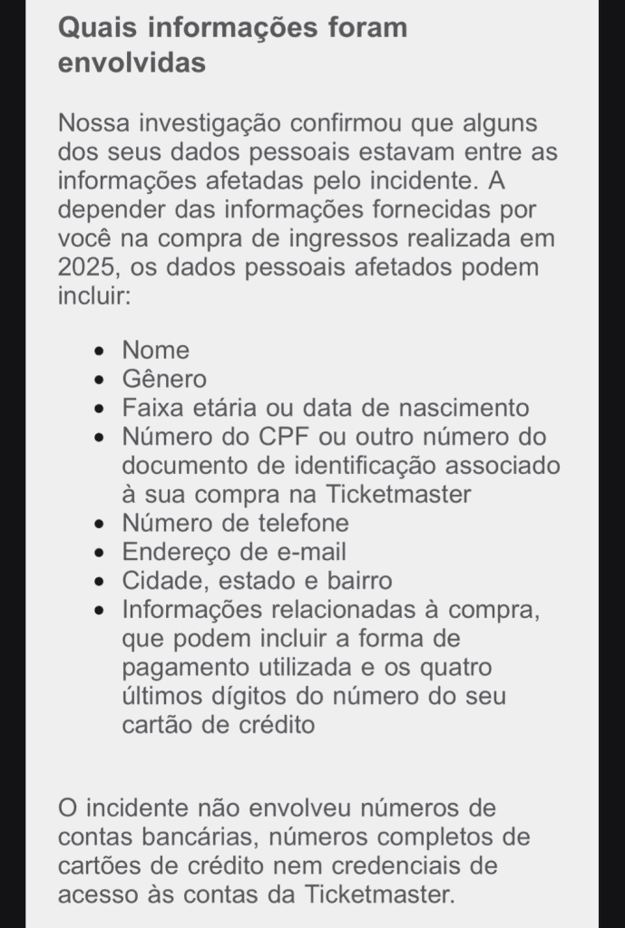 e-mail da ticketmaster enviado aos afetados