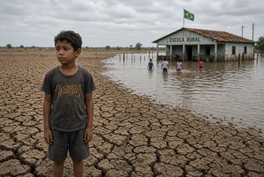 Eventos climáticos extremos podem interromper aulas e outros serviços escolares, afetando diretamente crianças e adolescentes. – Imagem criada por inteligência artificial: Grok/Olhar Digital