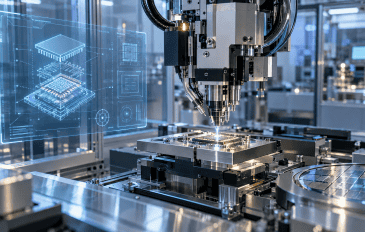 Um laboratório de fabricação microscópica em que um projeto digital de um pequeno componente elétrico aparece sendo convertido em uma peça física por máquinas automatizadas.