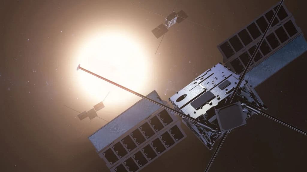 Os seis pequenos satélites da missão SunRISE vão operar em formação para funcionar como um grande radiotelescópio e acompanhar emissões de rádio do Sol – Crédito: Space Dynamics Laboratory