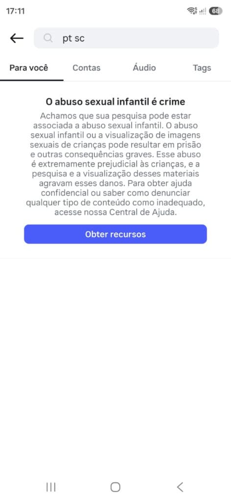 Captura de tela que mostra a mensagem que é exibida no Instagram ao se buscar o termo 