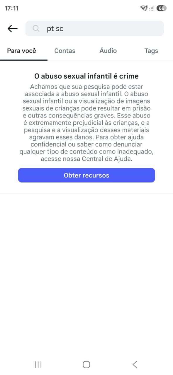 Entenda por que sua busca no Instagram retorna mensagem sobre abuso sexual infantil