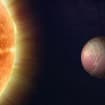 Conceito artístico do mundo de lava TOI-561 b e sua estrela