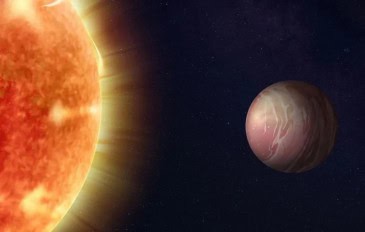 Conceito artístico do mundo de lava TOI-561 b e sua estrela
