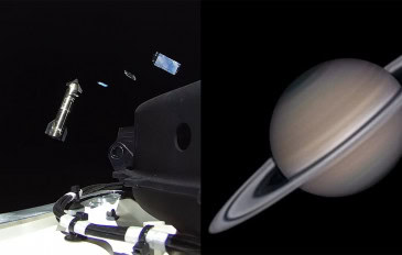 Starship em voo inédito na órbita da Terra, implantando satélites Starlink (à esq.). Saturno em oposição (à dir.).
