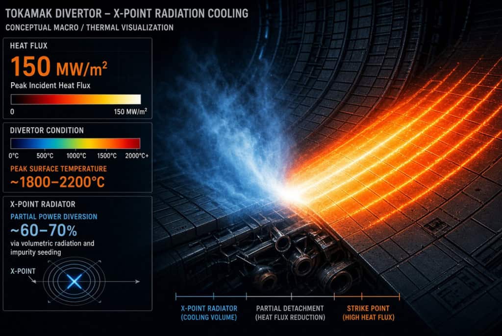 Uma visualização macro e térmica da borda do plasma atingindo um componente interno (divertor), mostrando a intensidade do calor (os 150 MW/m²) e a proteção parcial oferecida pela estratégia de resfriamento (ponto X)