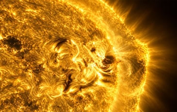 Representação visual de um tsunami solar ocorrido no Sol após uma explosão que pode atingir a Terra.
