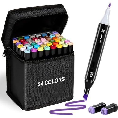 Imagem do produto Marcadores de arte colorida de ponta dupla, 24 cores com estojo de transporte para pintura, esboço, caligrafia, desenho, marcadores de pincel, cabeça dupla, canetas marcadoras permanentes para