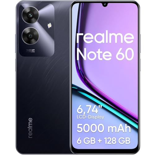 Smartphone Realme Note 60, 256GB ROM 4GB RAM 6.74“ Tela， 5000mAh Android 14 Octa Core Dual SIM Preto