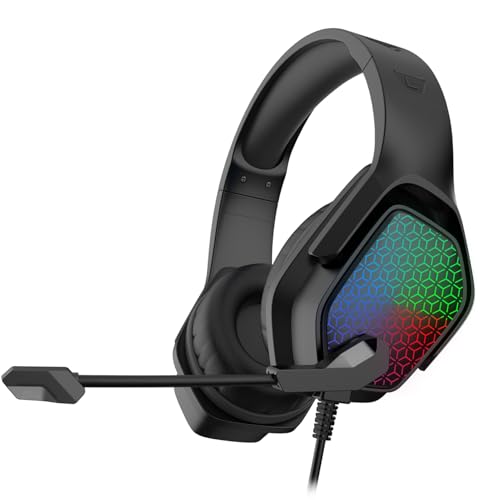 Imagem do produto BAZIK Fone de Ouvido Gamer Headset Gamer com Fio, Microfone Omnidirecional com Cancelamento de Ruído, Som Estéreo 40 mm, Almofadas Memory Foam, Luz LED RGB, para Jogos/PS5/Xbox – Preto
