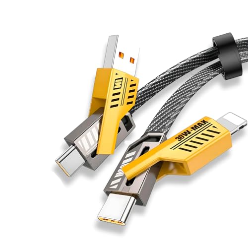 Imagem do produto Cabo 4 em 1 Reforçado 65W Turbo com Conectores Lightning, Tipo-C e USB-A | Compatível com iPhone, Android, iPad, MacBook, Tablet e Notebook | 1 Metro | Nylon Trançado | Carregamento Rápido
