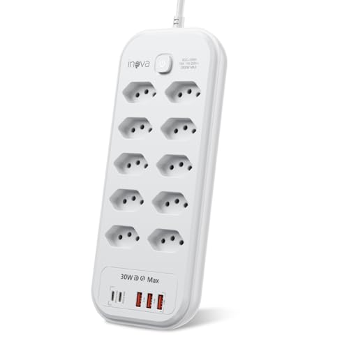 Imagem do produto Extensão Tomada Régua de Energia, Régua Tomada 10A, 3 Interfaces USB, 2 Porta USB Tipo-C, Cabo de Alimentação de 2 metros, Potência de 2500W Bivolt 110-250V Filtro de Linha (10 Tomadas)