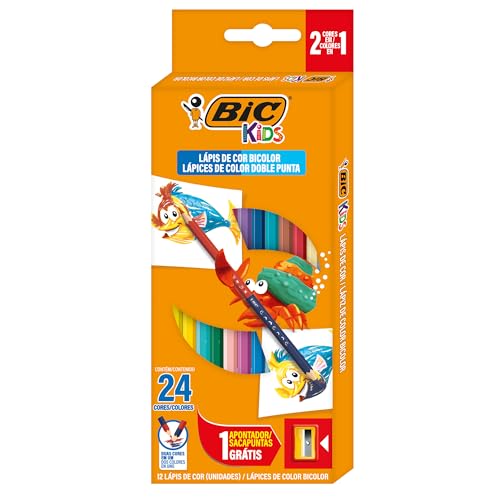 Imagem do produto Lápis de Cor Sextavado Bicolor BIC, 7422104, 12 Lápis/24 Cores Vibrantes + 1 Apontador, Aponta Fácil