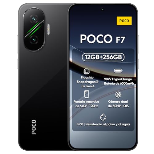 POCO F7 256GB/512GB ROM Smartphone Pantalla Flow AMOLED WQHD+ de 120Hz de 6.83" Snapdragon 8s Gen 4, 50MP Bateria 6500mAh IP68 (BLACK, 12GB+256GB)