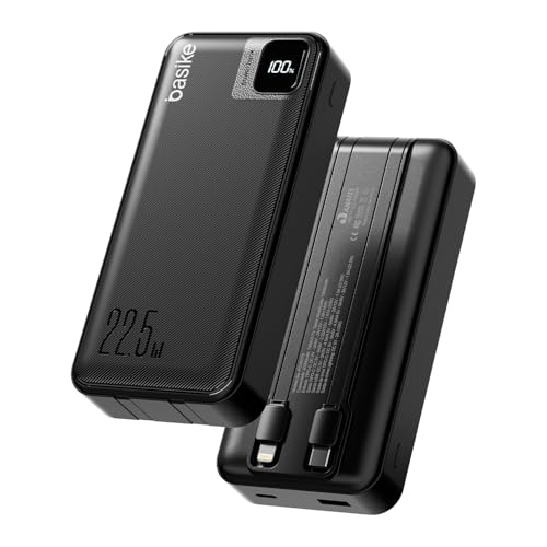 Imagem do produto Basike Power Bank, Carregador Portátil Universal 20000mAh, USB-A(até 22.5W)+USB-C(até PD20W), com 2 Cabos Integrados (USB-C, Lightning) Carregamento Rápido, Led Indicador de Bateria (Preto)