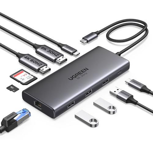 Imagem do produto UGREEN Revodok Pro 210 USB C HUB 2 HDMI, 10 em 1 Docking Station com 1000Mbps Ethernet, 100W PD, 3 USB A, USB C 3.0, HDMI Dual 4K 60Hz e Único 8K 30Hz, Leitor de Cartões SD/TF, Compatíveis com Windows
