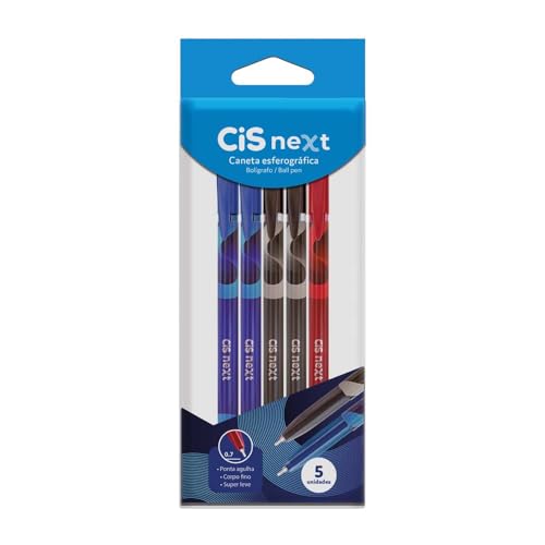 Imagem do produto Caneta Esferográfica CIS Next, Pacote com 5 unidades (2 azul, 2 preta e 1 vermelha)
