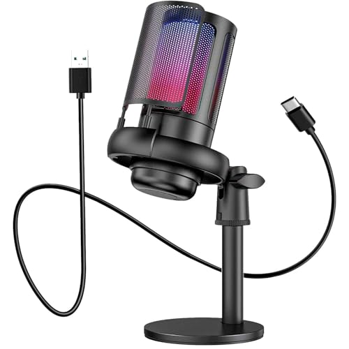 Imagem do produto Microfone RGB Condensador Com Conector De Monitoramento De Fone De Ouvido USB Profissional Controle De Luz Gamer Para Computador Jogos Transmissao Ao Vivo Plug And Play - TOMATE (Preto)