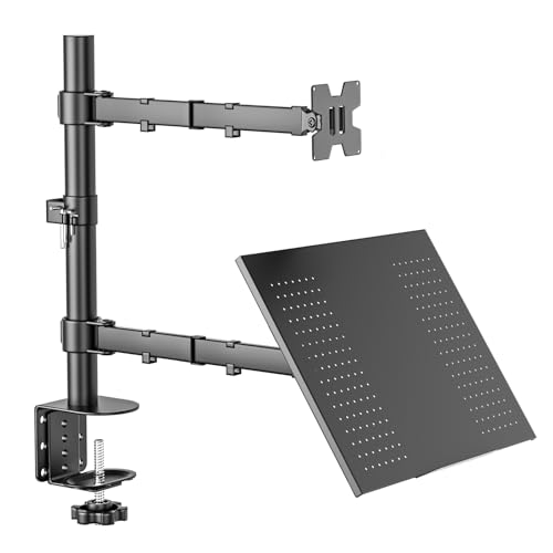 Imagem do produto BAZIK Suporte Articulado para Monitor e Notebook – Braço Ajustável com Bandeja para Notebook até 17', Monitores de 13'' a 32'', Suporte para Monitor Duplo com Ergonômico com Organização de Cabos