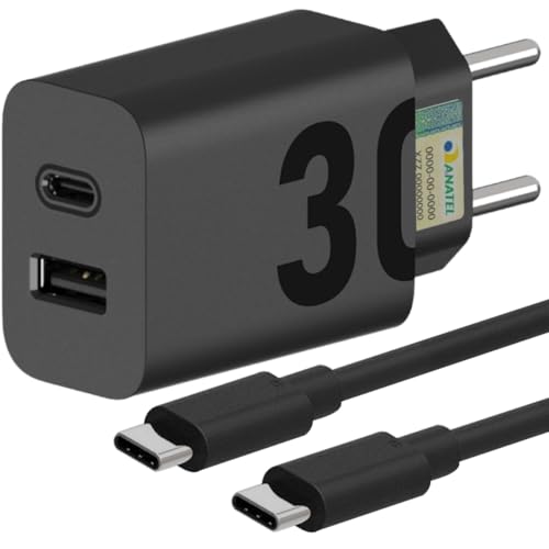 Imagem do produto Carregador Super Turbo 30W Ultra Rápido Porta Dupla Tipo C e USB Com Carregamento Rápido + Cabo Tipo C Compatível Com Todos Os Dispositivos, Motorola, Samsung, IPhone 15/16, Xiaomi