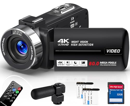 Imagem do produto Filmadora 4K 80MP,Câmera de vídeo, Zoom Digital 18x, Visão Noturna, Tela Giratória 3 Polegadas, Controle Remoto 2.4G, Microfone Externo,Profissional para Vlog, Cartão 32GB, 2 Baterias