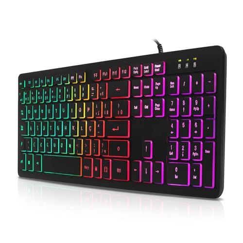 Imagem do produto Teclado Gamer LED RGB USB ABNT2 com Fio, 107 Teclas, Anti-Ghosting, Padrão Brasileiro com Tecla ''Ç'' – Compatível com PC/Windows/Linux/Mac, com Iluminação Rainbow, Macio e Silencioso