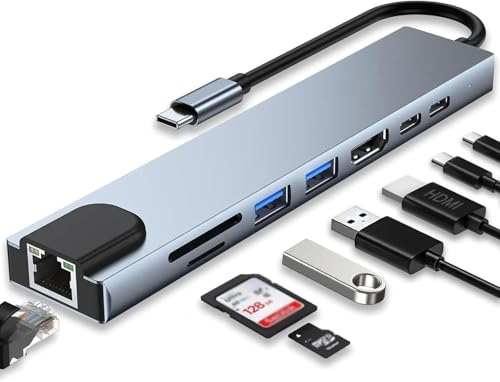 Imagem do produto Adaptador Hub 8 em 1 USB-C com HDMI 4K + VGA + RJ45 + PD 100W + 2 USB 3.0 + SD/TF - Para MacBook, Windows, Chromebook, Notebook, Tablet e Celular - Conversor Multiportas USB-C para HDMI/VGA/Ethernet
