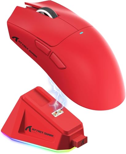 Imagem do produto ATTACK SHARK X11 Mouse para jogos com dock de carregamento magnético, sensor para jogos PixArt PAW3311, para sem fio/com fio BT/2.4G, 22000 DPI, mouses de escritório para jogos para Win/Xbox(Vermelho)