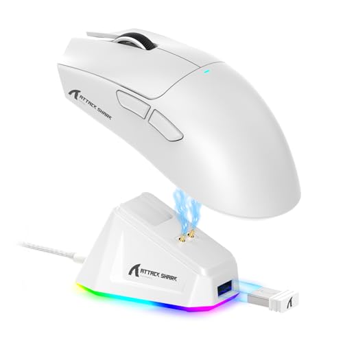 Imagem do produto ATTACK SHARK X11 Mouse sem fio leve, 62g, RGB, conexão tri-modo (2.4G/USB-C/BT), 22K DPI, sensor PAW3311, 5 botões programáveis, base de carregamento RGB, compatível com PC/Mac-Branco
