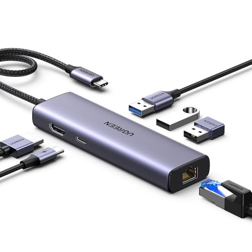 Imagem do produto UGREEN Revodok Hub USB C 6 em 1, Adaptador Gigabit Ethernet com 4K HDMI, 100W PD, 3 Portas de Dados USB A 3.0 Compatíveis com Mac M1, M2, M3, iPad, iPhone 16 Pro/Pro Max, Steam Deck