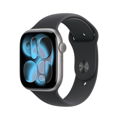 Imagem do produto Apple Watch Series 11 GPS, Caixa em alumínio cinzento sideral de 46 mm com Bracelete desportiva preta - P/M