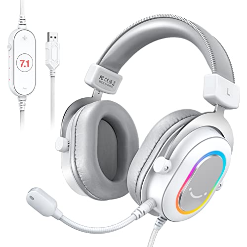 Imagem do produto FIFINE USB Gaming Fone, fones de ouvido PC com fio com microfone para computador/laptop, over-ear RGB headset com som surround 7.1, cancelamento de ruído para streaming de vídeo game - H6 branco