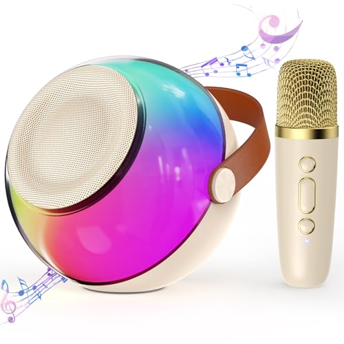 Imagem do produto JYX Mini Karaokê Infantil, Caixa de Som Bluetooth Portátil com Microfone Sem Fio, Luzes LED Embutidas, Ideal para Exterior, Festas e Presentes,para Meninas e Meninos de 4～12+ Anos (Bege, 1 Microfone)