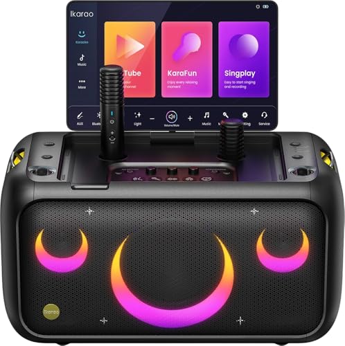 Imagem do produto Speaker de Karaokê Profissional Ikarao Break X1 com Tela Touch 13.3' Android, 2 Microfones Sem Fio Recarregáveis, Som Potente 460W e Portátil para Festas e Eventos
