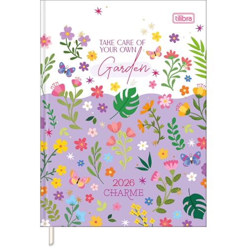 Imagem do produto Tilibra - Agenda Costurada Diária 12,3 x 16,6 cm Charme 2026 - Flores fundo branco e roxo
