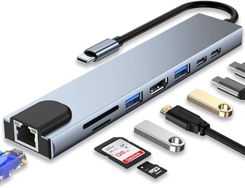 Imagem do produto USB C Hub 8 em 1 USB Tipo C para HDMI 4k RJ45 Ethernet Carregamento PD Charger, 2 portas USB 3.0 e leitor de cartões SD/TF, compátivel com Macbook, tablets,celulares-Thee Brothers
