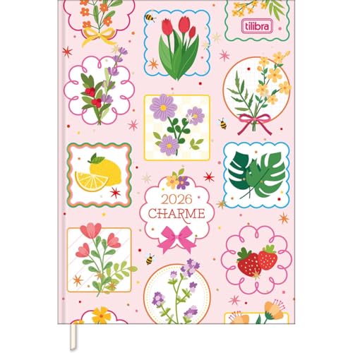 Imagem do produto Tilibra - Agenda Costurada Diária 12,3 x 16,6 cm Charme 2026 - Flores - fundo rosa